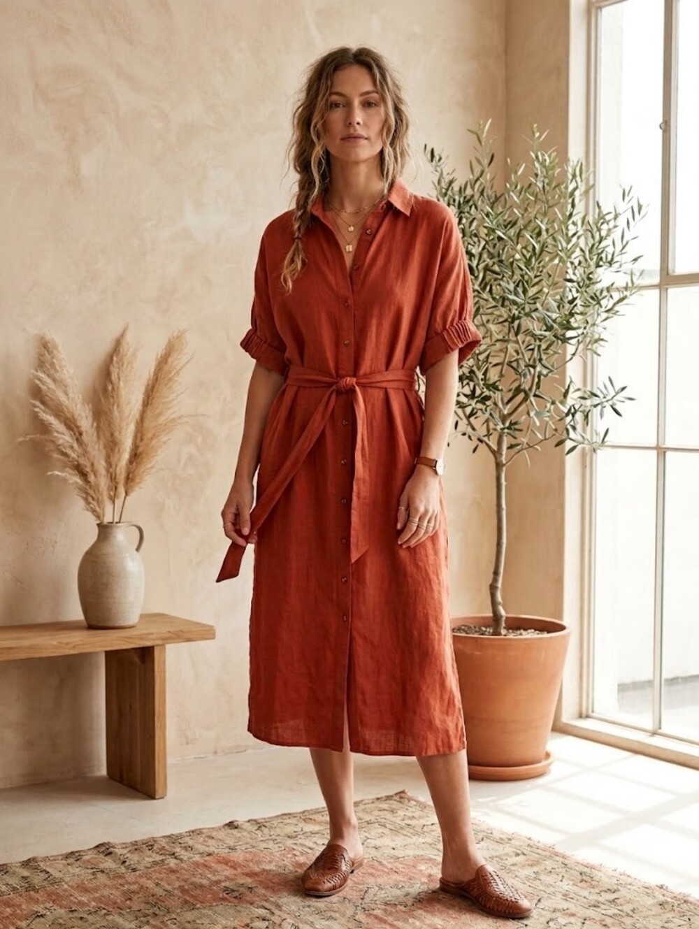 Contemporaine Organic Linen Midi Shirt Dress Size XL